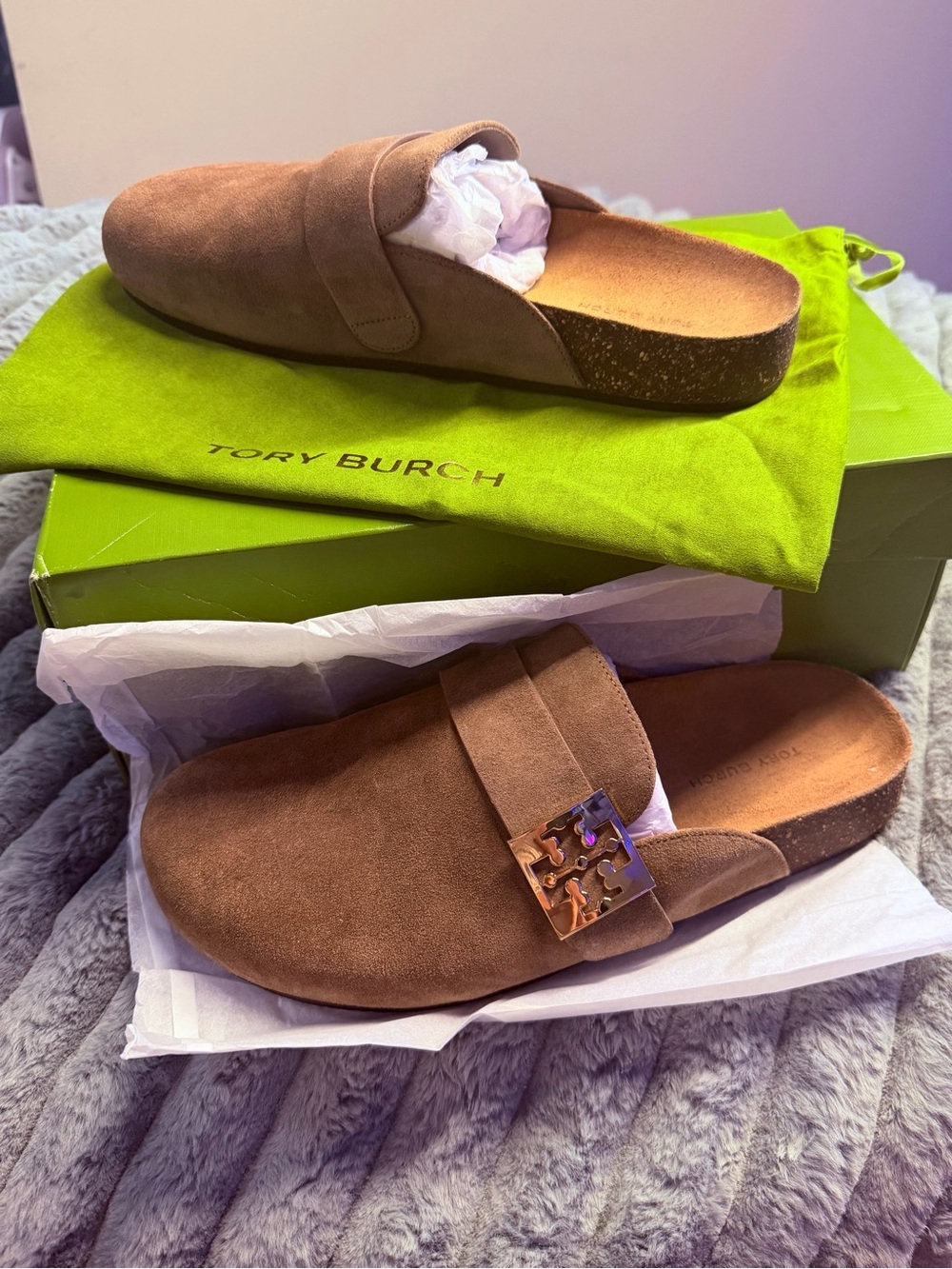 Tory Burch Taupe Suede Slip-On Clogs with Logo Accent